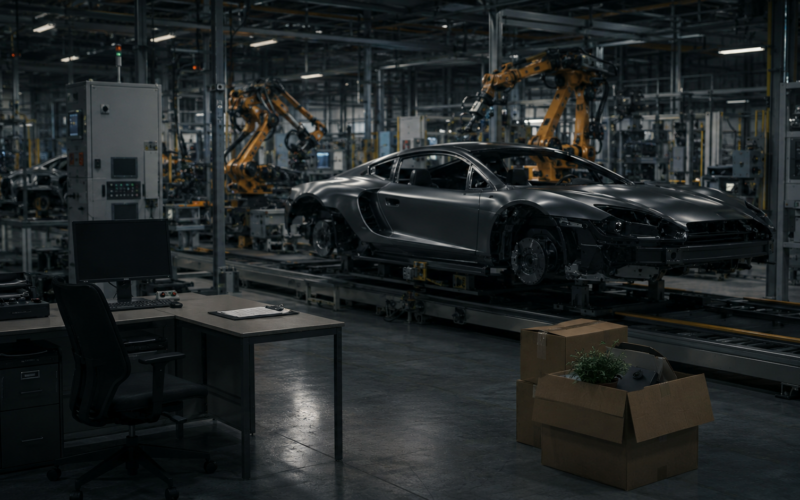 An automated luxury-car production line reflects Porsche’s plan to eliminate 5,000 additional jobs as weakening China sales and a slower electric vehicle transition drive a broader restructuring. Representative image.