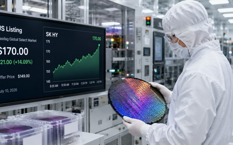 Representative image of semiconductor manufacturing as SK hynix Inc. completes a record US listing, with its Nasdaq ADRs opening above the offer price amid strong investor demand.