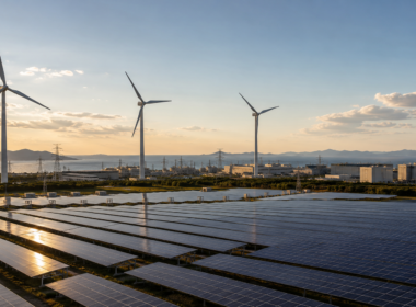 Representative image: Utility-scale solar panels and wind turbines illustrate the renewable energy platform being developed by SK Inc. and KKR to support South Korea’s growing demand from artificial intelligence data centres, semiconductor plants and industrial power users.