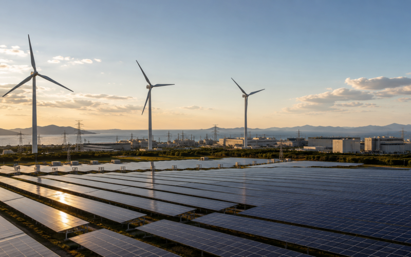 Representative image: Utility-scale solar panels and wind turbines illustrate the renewable energy platform being developed by SK Inc. and KKR to support South Korea’s growing demand from artificial intelligence data centres, semiconductor plants and industrial power users.