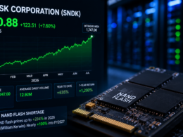 Representative image of NAND flash memory and data centre infrastructure as SanDisk Corporation shares rebound amid an AI-driven storage shortage and surging chip prices.