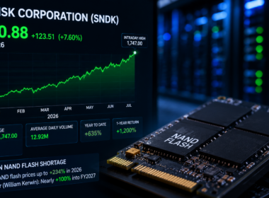 Representative image of NAND flash memory and data centre infrastructure as SanDisk Corporation shares rebound amid an AI-driven storage shortage and surging chip prices.