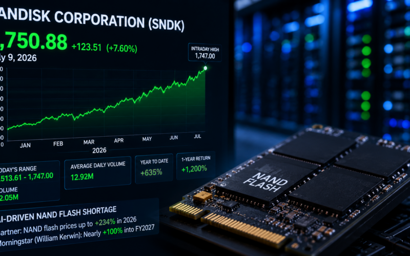 Representative image of NAND flash memory and data centre infrastructure as SanDisk Corporation shares rebound amid an AI-driven storage shortage and surging chip prices.