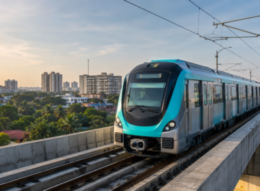 A modern metro train travels along an elevated urban corridor, illustrating Siemens Limited’s ₹91.65 crore telecommunications contract for Kochi Metro Phase II and the expanding Kakkanad to Infopark route. Representative image.