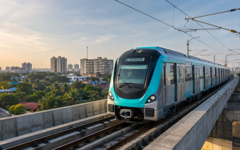 A modern metro train travels along an elevated urban corridor, illustrating Siemens Limited’s ₹91.65 crore telecommunications contract for Kochi Metro Phase II and the expanding Kakkanad to Infopark route. Representative image.