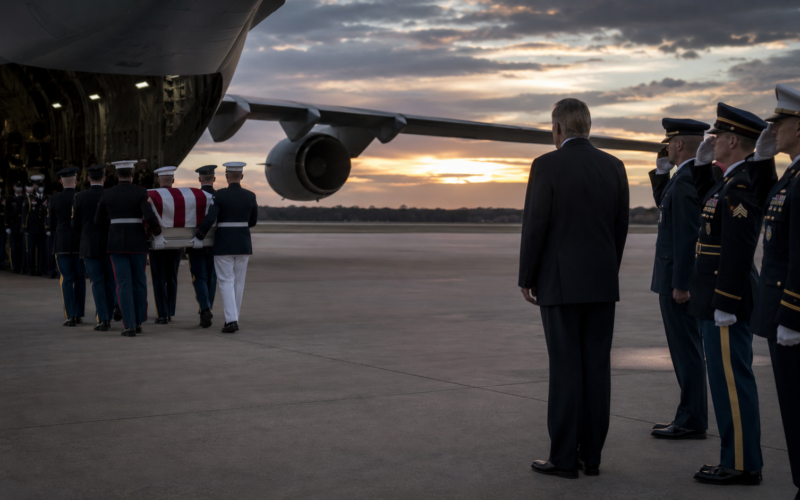 Representative image of a solemn military transfer ceremony at dusk, reflecting how Trump’s Dover ceremony for fallen U.S. troops has sharpened scrutiny over the Iran war, escalation risks, military casualties and the administration’s next Middle East decision.