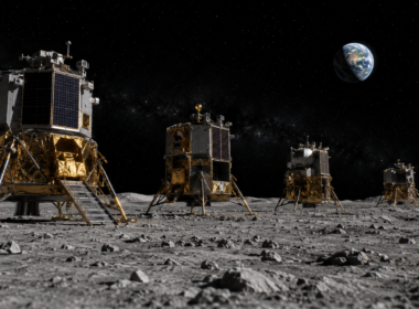 Representative image of commercial lunar landers on the Moon as NASA awards $590.4 million in CLPS lunar delivery contracts to Astrobotic Technology, Firefly Aerospace and Intuitive Machines.