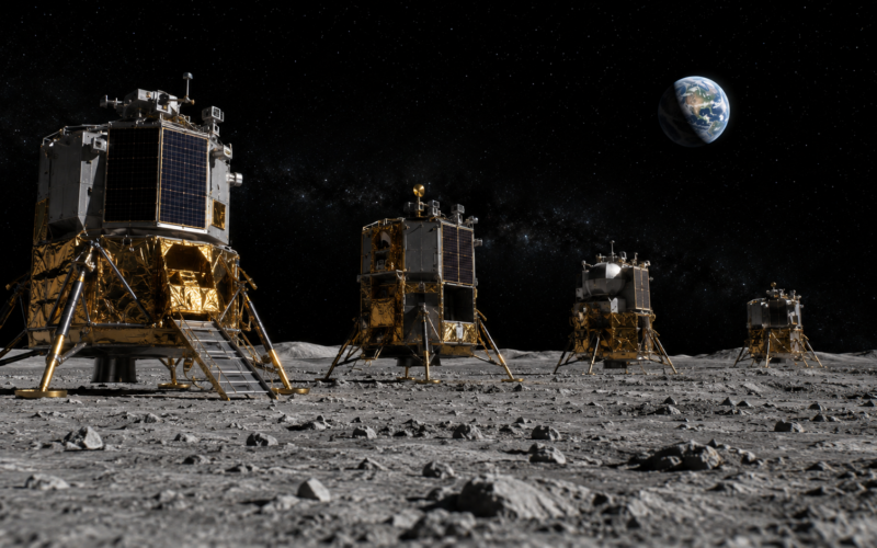 Representative image of commercial lunar landers on the Moon as NASA awards $590.4 million in CLPS lunar delivery contracts to Astrobotic Technology, Firefly Aerospace and Intuitive Machines.