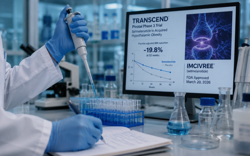 Representative image of obesity drug research as Rhythm Pharmaceuticals gains peer-reviewed validation for setmelanotide after the TRANSCEND Phase 3 trial publication.