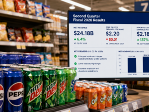 Representative image of soft drinks and packaged snacks in a supermarket as PepsiCo, Inc. reports a second-quarter revenue beat but signals caution over its North America outlook.