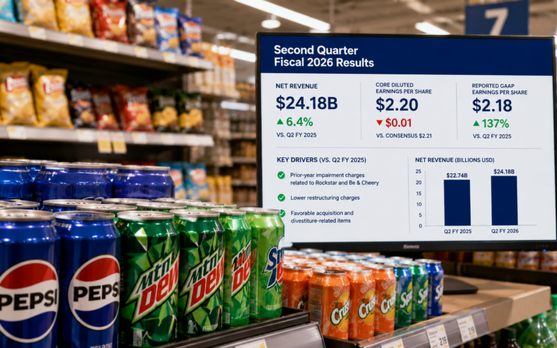 Representative image of soft drinks and packaged snacks in a supermarket as PepsiCo, Inc. reports a second-quarter revenue beat but signals caution over its North America outlook.