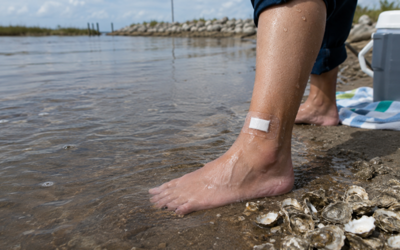 Representative image: A beachgoer protects an open wound near Gulf Coast waters as health officials warn of rising Vibrio vulnificus infections linked to warm coastal environments in Louisiana and Florida.