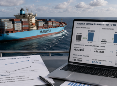 A.P. Moller - Maersk A/S delivered a sharp Q2 2026 rebound in its Ocean business, with higher container freight revenue driving a $1.127 billion EBIT improvement and an incremental EBITDA margin of about 48.5%. Representative image.