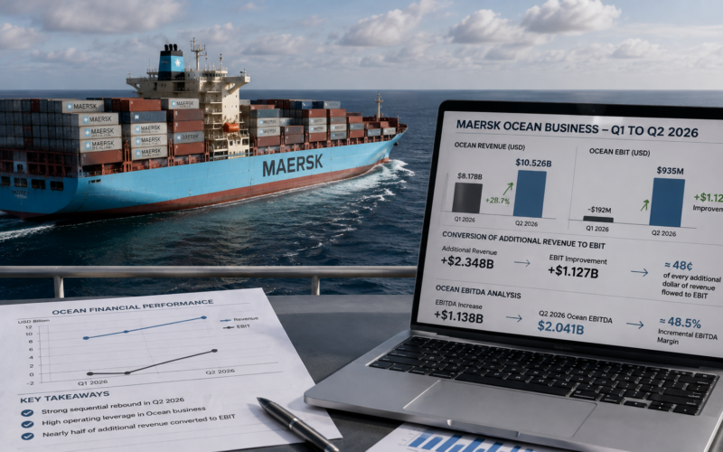 A.P. Moller - Maersk A/S delivered a sharp Q2 2026 rebound in its Ocean business, with higher container freight revenue driving a $1.127 billion EBIT improvement and an incremental EBITDA margin of about 48.5%. Representative image.