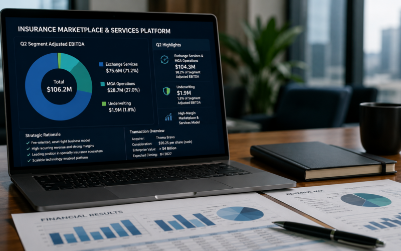 Accelerant Holdings’ $4 billion-plus take-private by Thoma Bravo puts the spotlight on a business where Exchange Services and MGA Operations generated about 98% of second-quarter segment adjusted EBITDA, underscoring the specialty insurance platform’s increasingly fee-driven earnings model. Representative image.