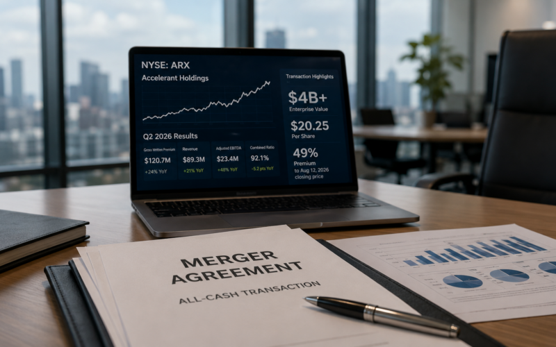 Accelerant Holdings’ $4 billion-plus take-private deal with Thoma Bravo values the specialty insurance risk exchange operator at $20.25 per share, a 49% premium to its August 12 closing price, ending its public-market run just over a year after its New York Stock Exchange debut. Representative image.