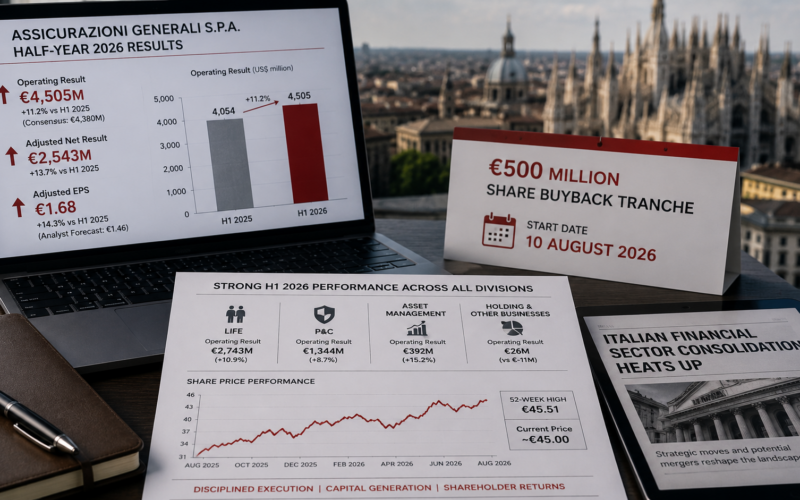 Assicurazioni Generali delivered stronger-than-expected first-half 2026 earnings and launched a €500 million share buyback, sharpening investor focus on whether Generali shares can extend gains near their 52-week high. Representative image.