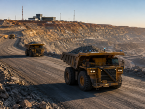 Autonomous mining trucks move through a large open-pit mine, illustrating how software-controlled haulage is reshaping mining economics, fleet productivity and the shift toward battery-electric operations. Representative image.