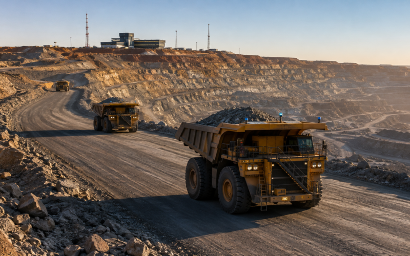 Autonomous mining trucks move through a large open-pit mine, illustrating how software-controlled haulage is reshaping mining economics, fleet productivity and the shift toward battery-electric operations. Representative image.