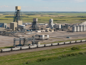 Potash mining and rail export infrastructure in Saskatchewan, illustrating how BHP’s Jansen Potash Project aims to build an 8.5Mtpa fertiliser supply platform ahead of mid-2027 first production. Representative image.