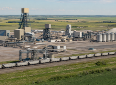 Potash mining and rail export infrastructure in Saskatchewan, illustrating how BHP’s Jansen Potash Project aims to build an 8.5Mtpa fertiliser supply platform ahead of mid-2027 first production. Representative image.