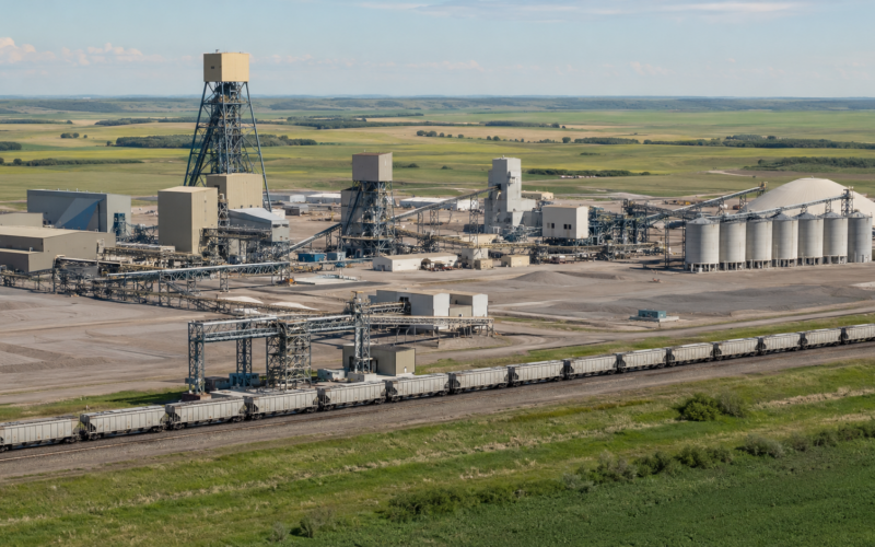 Potash mining and rail export infrastructure in Saskatchewan, illustrating how BHP’s Jansen Potash Project aims to build an 8.5Mtpa fertiliser supply platform ahead of mid-2027 first production. Representative image.