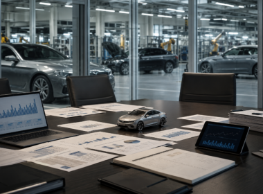 An automotive strategy room overlooking a modern production line reflects BMW’s planned 8,000 job cuts as weaker China sales and shrinking margins drive a deeper global cost restructuring. Representative image.