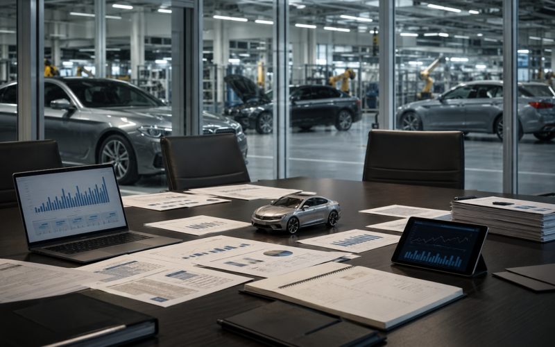 An automotive strategy room overlooking a modern production line reflects BMW’s planned 8,000 job cuts as weaker China sales and shrinking margins drive a deeper global cost restructuring. Representative image.
