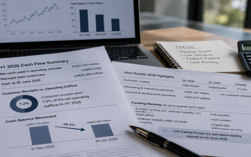 BrainChip Holdings’ cash balance fell 36% to US$20.3 million in the first half of 2026 as operating outflows far exceeded customer receipts, sharpening investor focus on the ASX: BRN funding runway after the LDA Capital facility expired. Representative image.