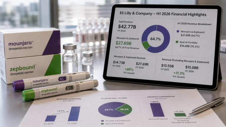 Eli Lilly and Company’s first-half 2026 growth was heavily concentrated in Mounjaro and Zepbound, which generated about $27.69 billion, or nearly 65% of total revenue, highlighting how much the company’s expansion now depends on tirzepatide. Representative image.