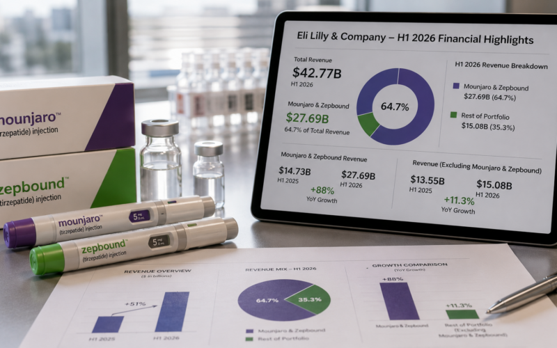 Eli Lilly and Company’s first-half 2026 growth was heavily concentrated in Mounjaro and Zepbound, which generated about $27.69 billion, or nearly 65% of total revenue, highlighting how much the company’s expansion now depends on tirzepatide. Representative image.