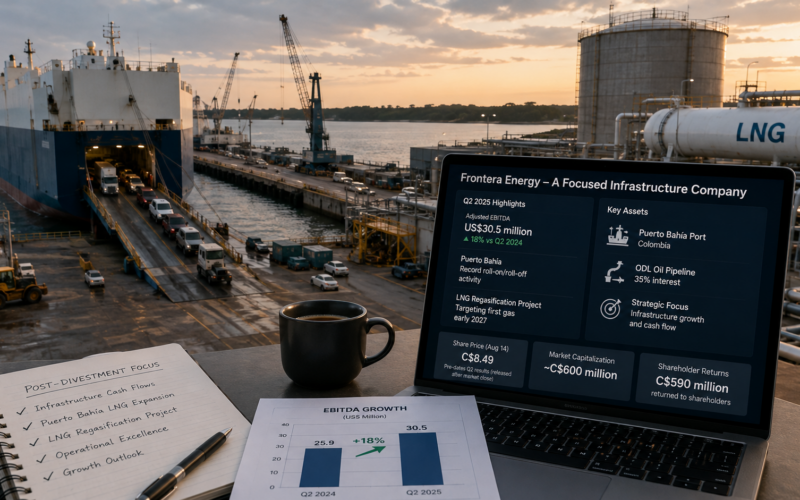 Frontera Energy’s post-divestment strategy is shifting toward infrastructure growth, with Puerto Bahía, its ODL pipeline stake and a planned LNG regasification project expected to drive future cash flow after the company returned C$590 million to shareholders. Representative image.