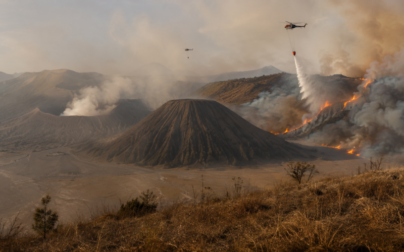 Indonesia has closed Mount Bromo after a fast-spreading wildfire burned around 176 hectares across Bromo Tengger Semeru National Park, forcing an aerial firefighting response with helicopters and drones. Representative image.