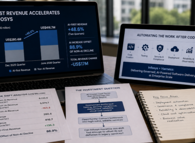 Infosys Limited’s estimated AI-first revenue climbed 48.6% to US$416.7 million by the June 2026 quarter, highlighting how its Harness collaboration could help convert faster AI-generated code into higher-value deployment, governance and cloud-optimization work. Representative image.