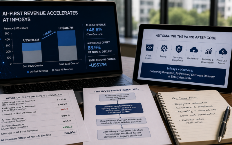 Infosys Limited’s estimated AI-first revenue climbed 48.6% to US$416.7 million by the June 2026 quarter, highlighting how its Harness collaboration could help convert faster AI-generated code into higher-value deployment, governance and cloud-optimization work. Representative image.