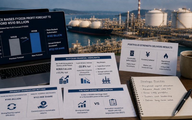 Inpex Corporation raised its 2026 net profit forecast to a record ¥510 billion while announcing a ¥140 billion share buyback and higher dividend, as strong Ichthys LNG output, firmer Brent assumptions and a weaker yen outweighed lower crude sales volumes. Representative image.