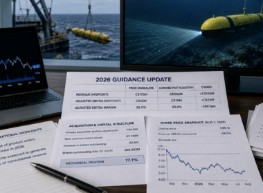 Kraken Robotics’ C$615 million Covelya acquisition lifts its 2026 revenue outlook to a C$305 million midpoint, but lower implied margins, shareholder dilution and a 28% share-price discount to the financing price keep investor focus on integration and earnings conversion. Representative image.