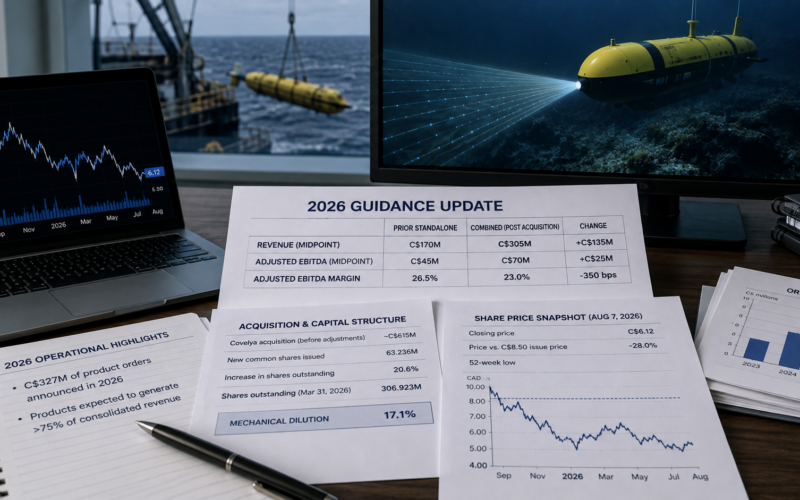 Kraken Robotics’ C$615 million Covelya acquisition lifts its 2026 revenue outlook to a C$305 million midpoint, but lower implied margins, shareholder dilution and a 28% share-price discount to the financing price keep investor focus on integration and earnings conversion. Representative image.