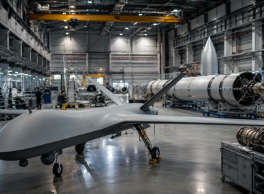 Generic aerospace manufacturing scene showing unmanned aircraft, propulsion systems and hypersonic test components, reflecting Kratos Defense & Security Solutions’ 2026 growth push in Valkyrie drones, jet engines, hypersonics and defence production capacity. Representative image.