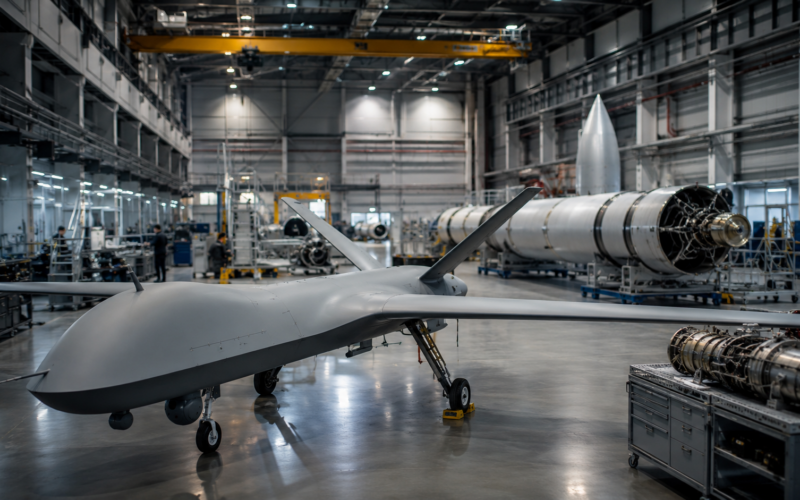 Generic aerospace manufacturing scene showing unmanned aircraft, propulsion systems and hypersonic test components, reflecting Kratos Defense & Security Solutions’ 2026 growth push in Valkyrie drones, jet engines, hypersonics and defence production capacity. Representative image.