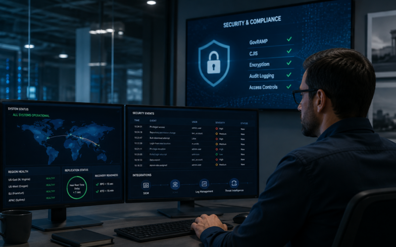 Laserfiche Enterprise Security strengthens cloud content management with multi-region disaster recovery, privileged-user monitoring, SIEM integration and controls designed for GovRAMP and CJIS-sensitive environments. Representative image.