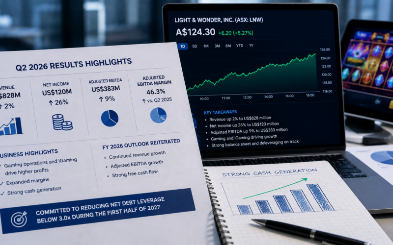 Light & Wonder shares rose 5.27% to A$124.30 after Q2 2026 results showed stronger earnings, expanding margins and accelerating cash generation, while the company maintained its full-year outlook and deleveraging target. Representative image.