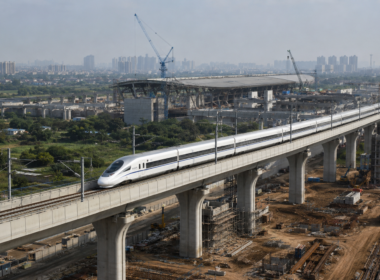 Elevated high-speed rail corridor under construction in India, illustrating how the Mumbai–Ahmedabad High-Speed Rail Project is advancing toward its 2027 Surat-Bilimora first section and future 320km/h bullet train operations. Representative image.