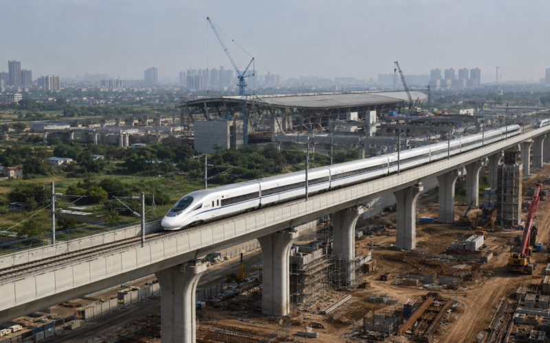 Elevated high-speed rail corridor under construction in India, illustrating how the Mumbai–Ahmedabad High-Speed Rail Project is advancing toward its 2027 Surat-Bilimora first section and future 320km/h bullet train operations. Representative image.
