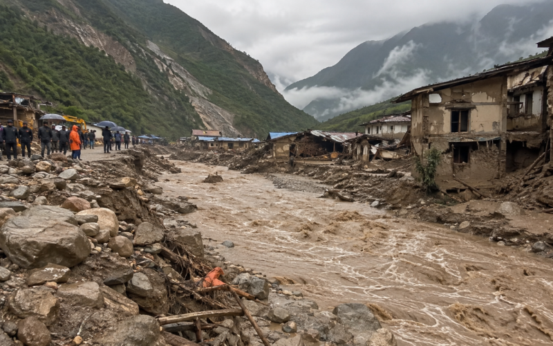 Nepal–Tibet flood disaster leaves Himalayan communities devastated after a glacier collapse triggered destructive torrents of water, ice, rock and mud, with hundreds confirmed dead and thousands still missing across the border region. Representative image.