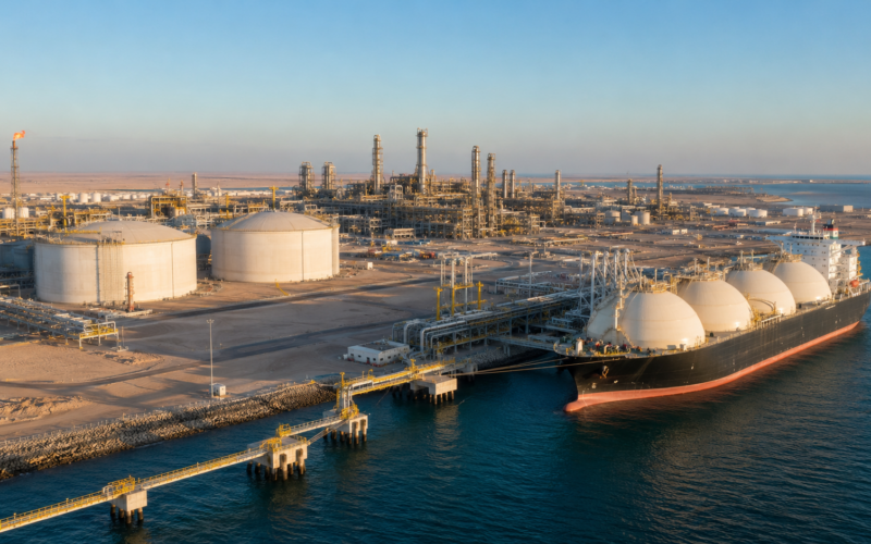 LNG export terminal infrastructure in Abu Dhabi, illustrating how ADNOC’s 9.6Mtpa Ruwais LNG Project aims to expand UAE gas exports with a clean-powered plant scheduled for 2028 start-up. Representative image.