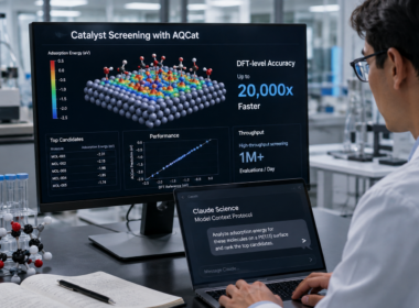 SandboxAQ’s AQCat rollout through Anthropic’s Claude Science brings high-throughput catalyst screening into a natural-language workflow, potentially cutting the computational burden of adsorption-energy analysis and accelerating industrial materials research. Representative image.