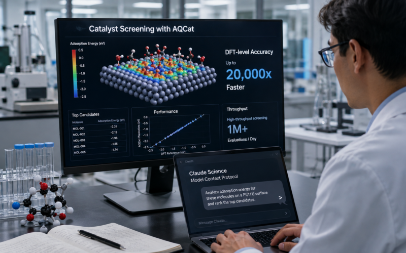 SandboxAQ’s AQCat rollout through Anthropic’s Claude Science brings high-throughput catalyst screening into a natural-language workflow, potentially cutting the computational burden of adsorption-energy analysis and accelerating industrial materials research. Representative image.