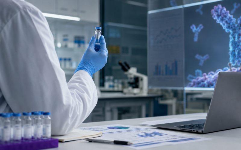 Biotech laboratory image illustrating Spero Therapeutics’ shift from Utebzi antibiotic approval to a royalty-funded SP001 immunology strategy. Representative image.