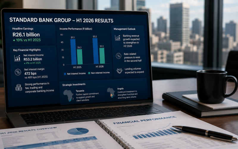 Standard Bank Group’s first-half headline earnings rose 10% to R26.1 billion as stronger fee, trading and corporate banking income offset tighter margins, while expanding lending and fresh investment in Tanzania and Angola shape its second-half growth outlook. Representative image.